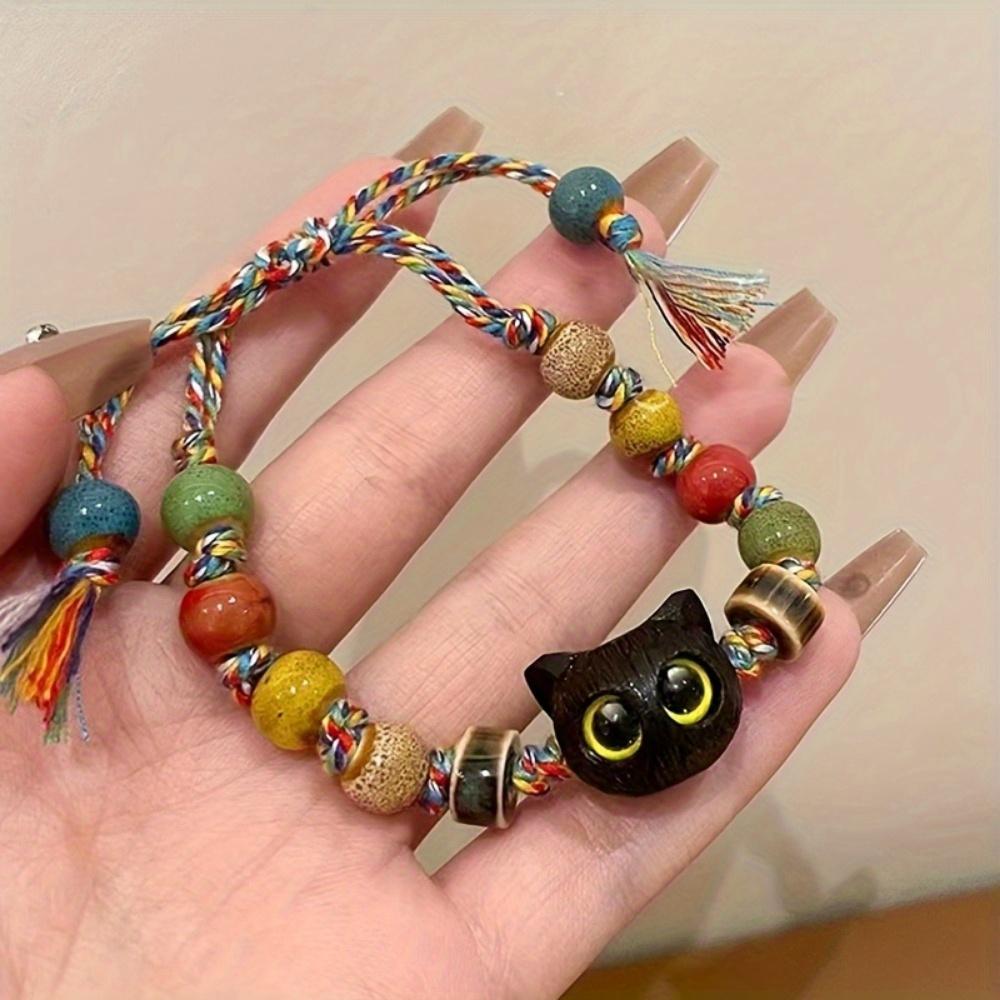 1 cute big eyed black cat pendant bead bracelet with colorful beads, a holiday gift for ladies