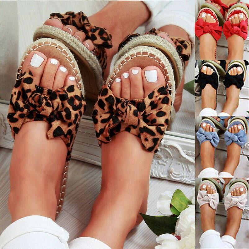 Elegant Women Slip On Sandals Bow Flat Mule Espadrille Shoes Summer Sliders