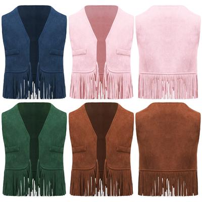 Gilet con Frange in Finto Camoscio per Bambina Western Cowgirl Hippie Cardigan Giacca
