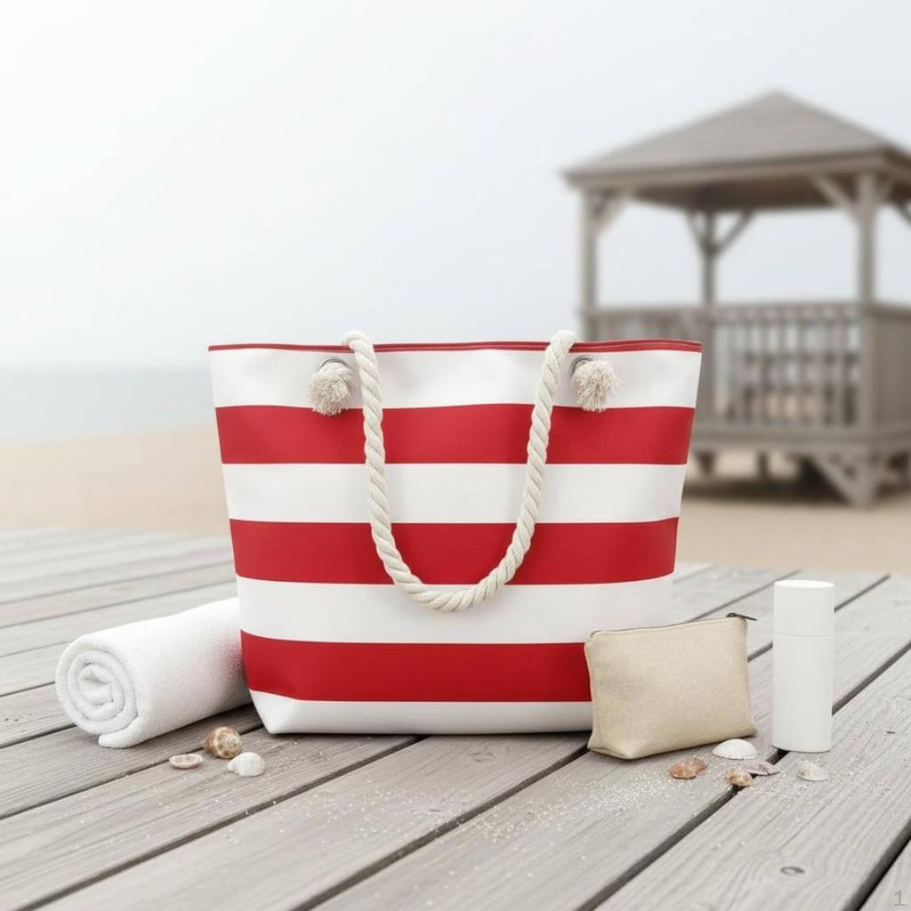 Striped Canvas Seaside Tote Inner Zipper Pocket Bag Lightweight Nautical Design
