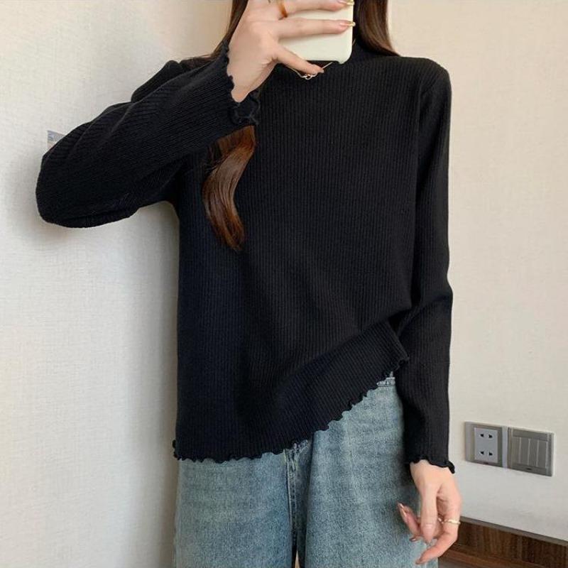 Undercoat Women's Autumn and Winter New Style German Velvet Warm Ruffle Half High Neck T-shirt Loose Long Sleeved Top