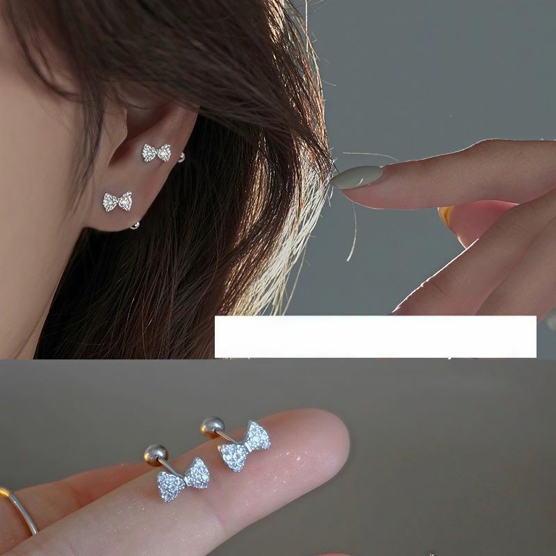 New Sweet Bow-shaped Stud Earrings with Screw Fastening, Ear Bar Studs with Anti-lost Threads, Ear Jewelry Set