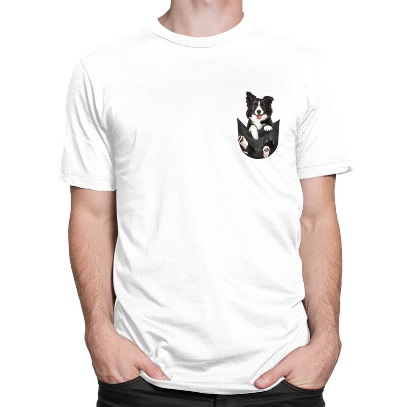 Custom Border Collie In Pocket Tshirts for Men Short Sleeve T Shirt Tshirt Loose Fit 100 Cotton Tees Gift Idea