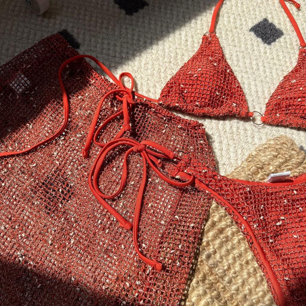 Women's 3 Piece New Glitter Mesh Bikini Set Sexy Halter Tie Triangle Swimsuit Sheer Mesh Mini Skirt Cover Up Summer Beach Swimwear