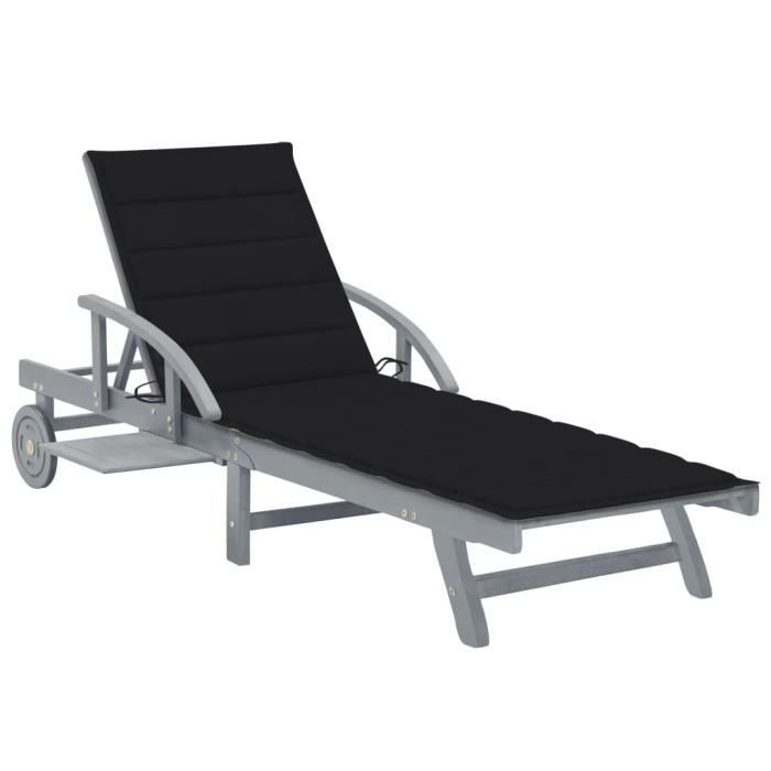 Chaise longue de jardin - vidaXL - Bois d'acacia solide - Gris - Noir - 200 x 68 x 30/86 cm