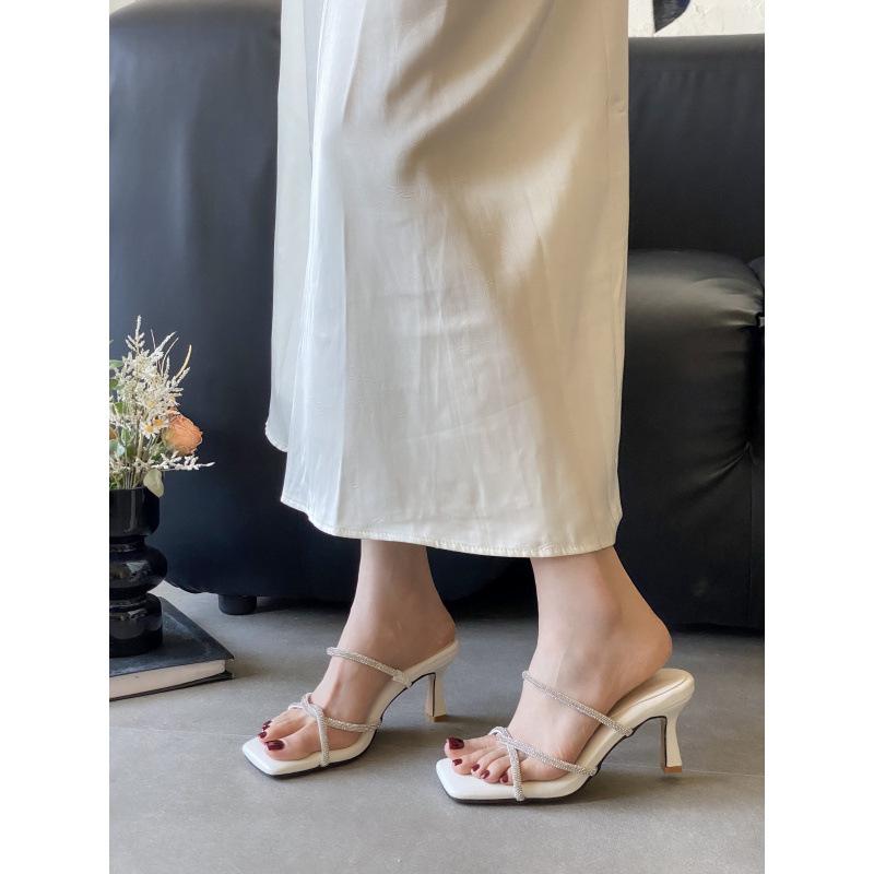

New square head high heel thick sole soft sole soft surface rhinestone belt open toe thin heel women s shoes sandals high heels 39 белый