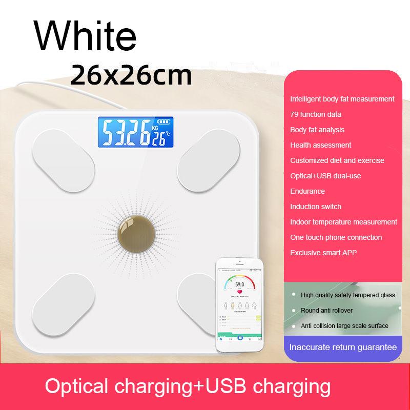 Digitale Waage Körpergewicht USB + optisches Aufladen Bluetooth Smart Wireless BMI Fettanalysator Badezimmer Mädchenschlafsaal tragbar