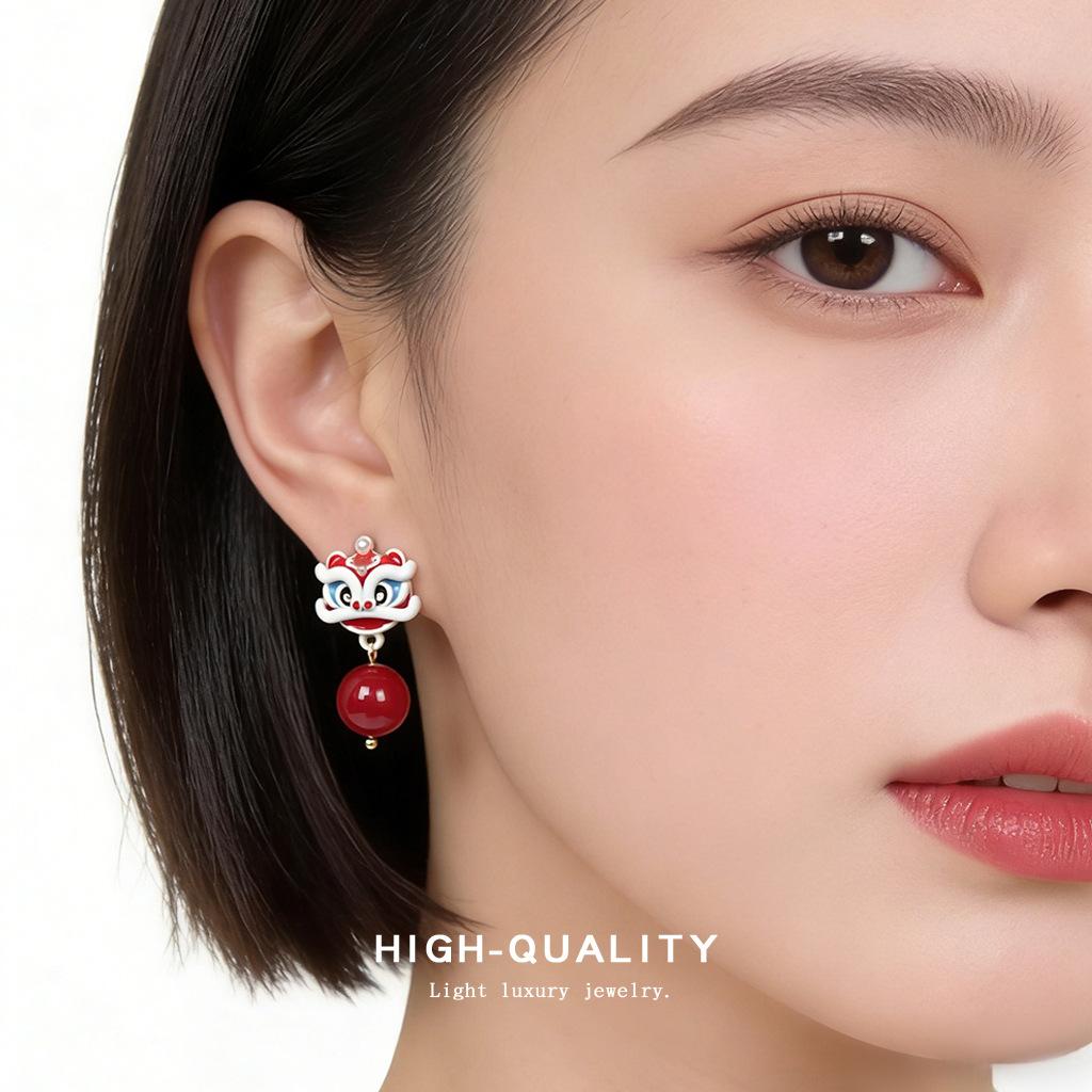 Cute Lion Dance Guochao New Chinese Design Hand Painted New Earrings Earrings Jewelry Supply Chain
