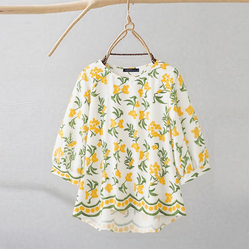 

ZANZEA Жіноча повсякденна блузка з круглим вирізом, рукавом 3/4, вільного крою, з квітковим принтом S жовтий