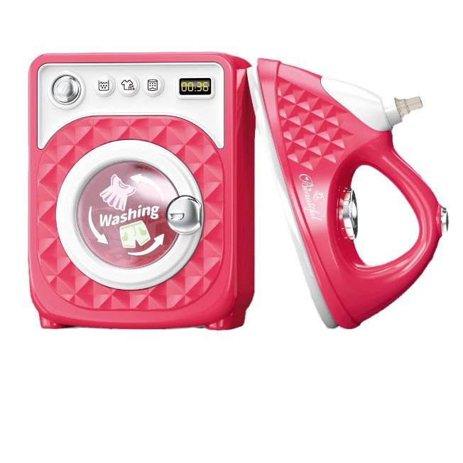 Children's Play Set: Includes Toy Washing Machine, Robot Vacuum, Sewing Machine, Juice Maker, and Cooking Kitchen Appliances.