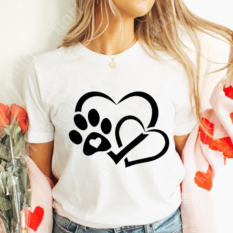 Funny Heart  Dog Paw Print Women Tshirts Fashion Summer Ladies Tshirts Short Sleeves Clothes Love Heart Fashion Casual Shirts