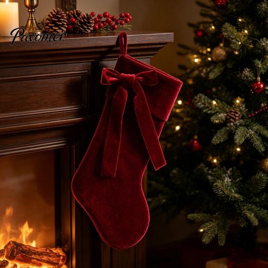 Xmas Party Supplies 19 Inch Velvet Christmas Stocking with Bow, Soft Large Fireplace Hanging Stockings for Gifts Sock Plush Cuff Mantel, Holiday Tree