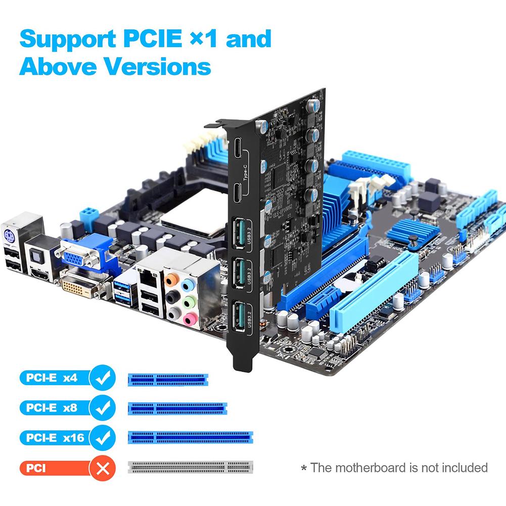 PCIe X4 To USB 3.2 Card 20Gbps Expansion Add on Card 3x USB3.2 and 2x TPYC-C Support Windows 7/8/10 (32/64 Bit) OS 10.8.2