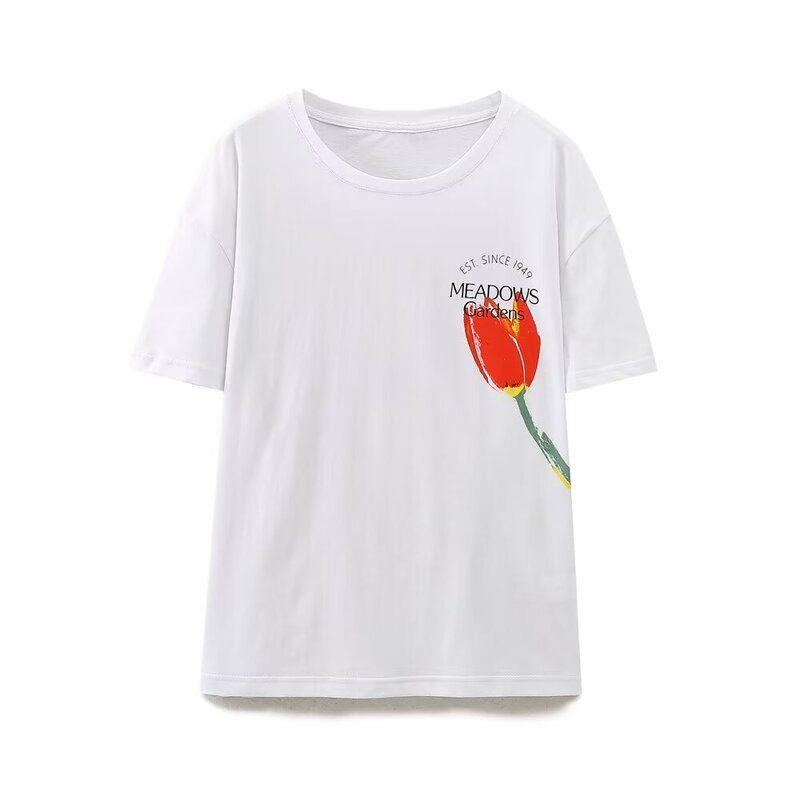 

European and American Women s Clothing Summer New Casual Easiest for Match Loose Rose Print White round Neck T-shirt 0264173 250 White S