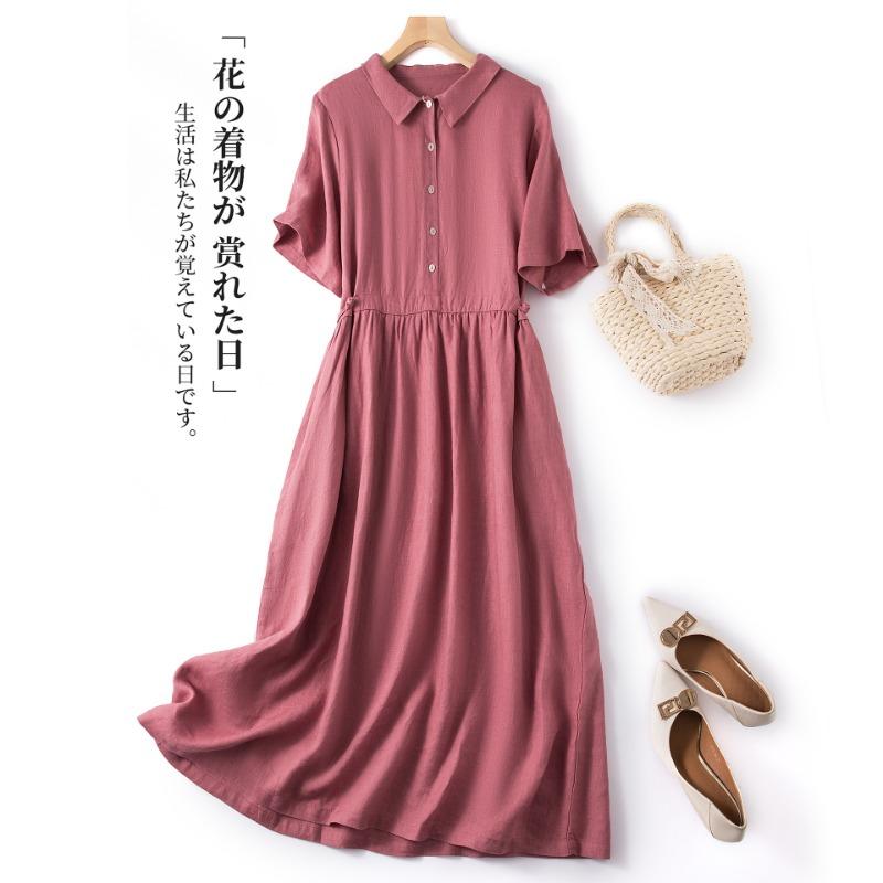 Cotton and Linen Korean Version Dress for Women, Spring and Summer Short Sleeved Retro Loose Long Skirt