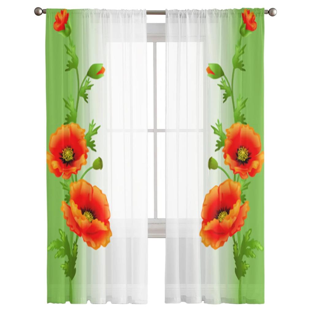 Transparente Vorhänge mit Mohnblumenmotiv für Wohnzimmer, Schlafzimmer, Tüllvorhänge, Küchenfensterbehandlungen, Panel-Vorhänge