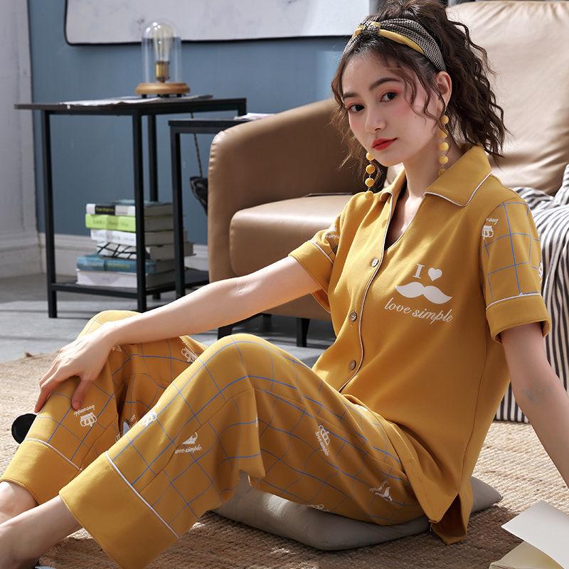 

Женский пижамный комплект из 100% хлопка: Топ с коротким рукавом и брюки для весны и лета, с длинным рукавом для осени. Кардиган в комплекте, тонкий и удобный. M (80–100 catties)