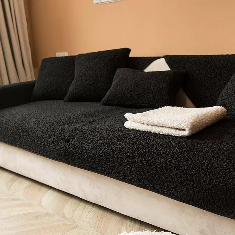 Solid Color Light Luxury Winter Plush Sofa Cushion Nordic Minimalist Anti Slip Seat Cushion Seasonal Universal Thickened Fabric Plush Sofa Cover