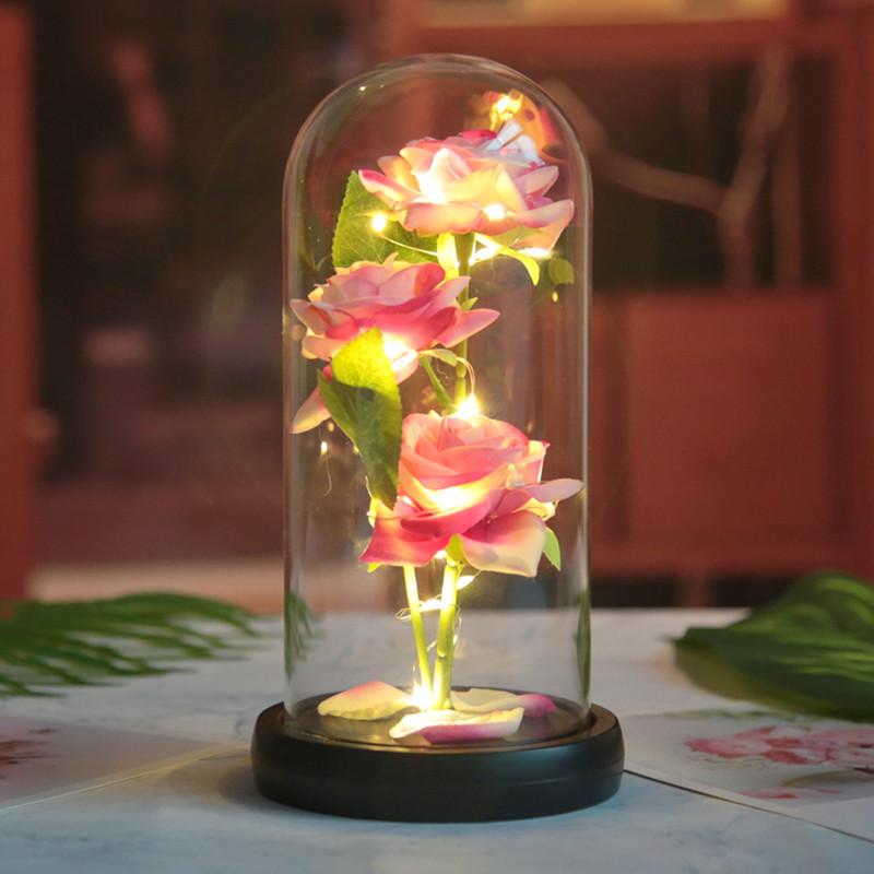 Three simulated immortal flowers, glass cover ornament, LED night light, rose, creative Valentine's Day gift.