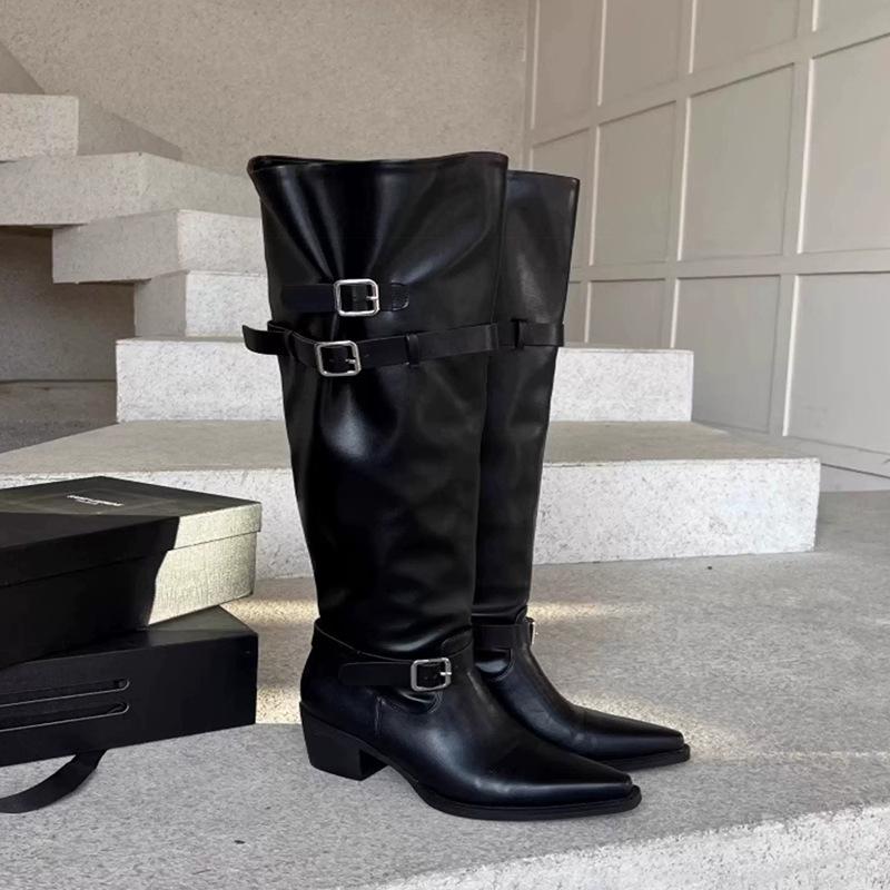 0000 autumn and winter new big tube heap boots thick heel pointed belt buckle high knight boots Spice girl wide tube boots