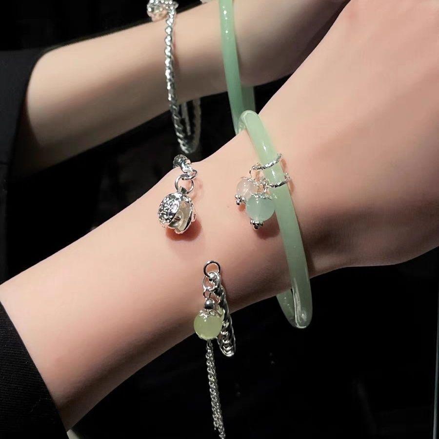 Retro Clear Green Bangle with Bells & Tassel - Women's High-End Bracelet