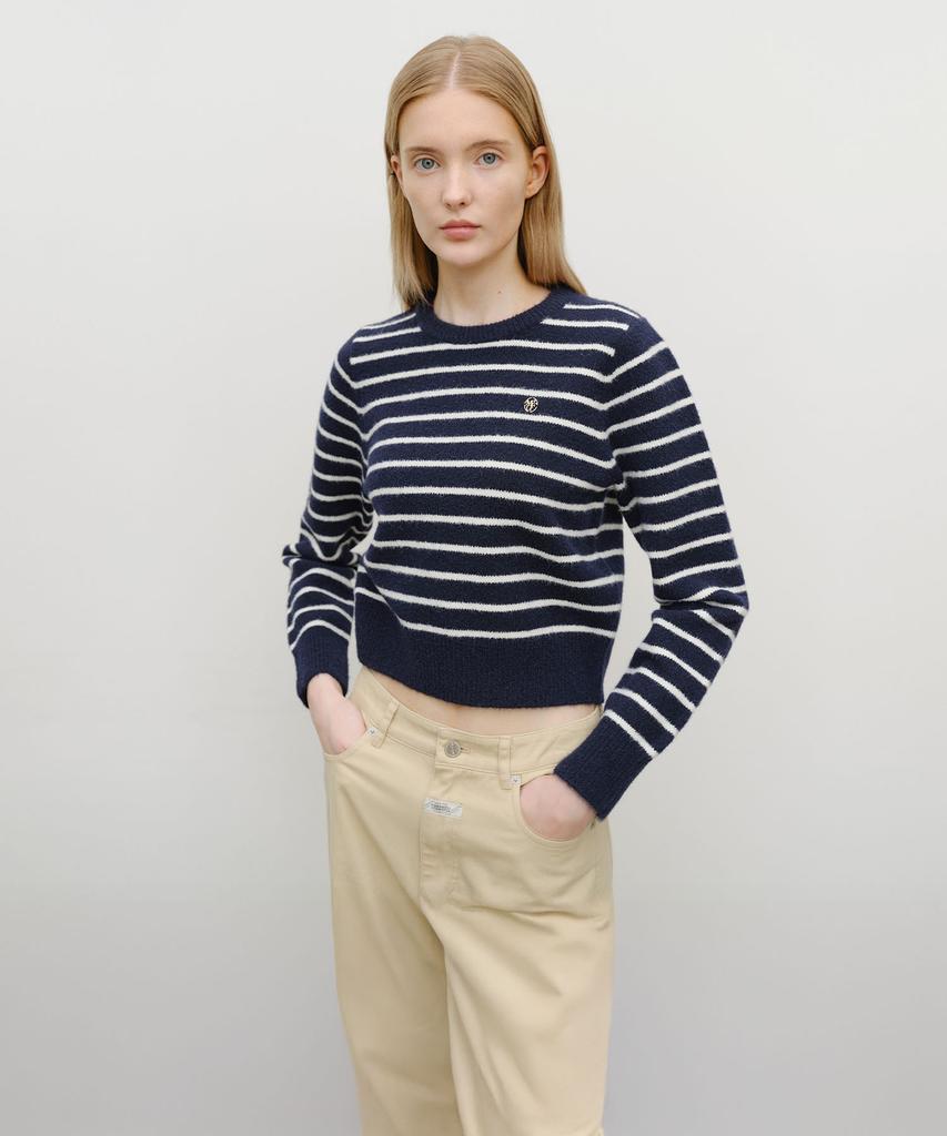 Malittepeulangsowajeobeo W Crew Neck Stripe Crop Knit Pullover Navy