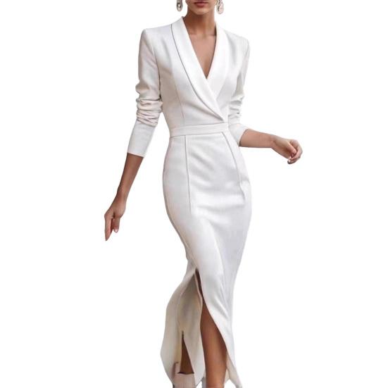 

Женское миди платье-футляр бодикон с лацканами, V-образным вырезом и рукавами 3/4, офисное деловое платье, формальное коктейльное платье для работы с разрезом, платье-карандаш S белый