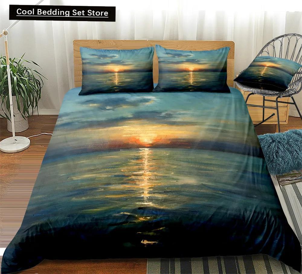 Comforter Oil Painting Landscape King Queen Natural Scenery Bedding Set Teen Adult Floral Ocean Building Polyester