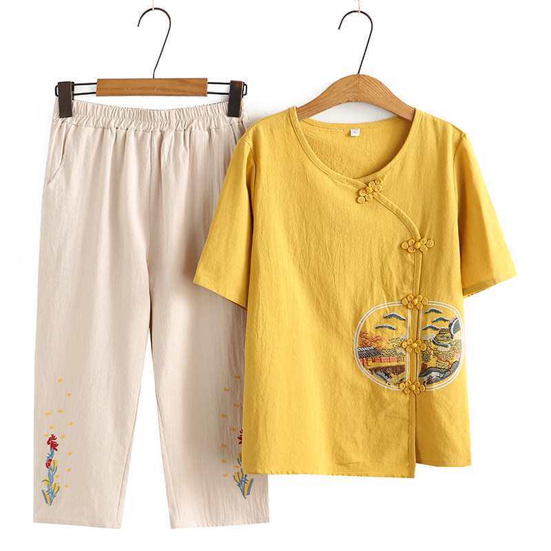 

Stylish Cotton Two-Piece Summer Set for Women: Short-Sleeved T-shirt and Comfy Linen Top, Plus Size Available 5XL [recommended 72.5-80 kg]