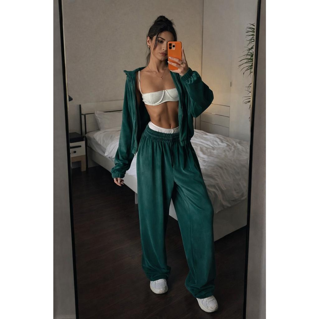 Women's Loose Fit Velvet Tracksuit Zip Up Long Sleeve Jacket Drawstring Pants Casual Two Piece Outfit Set