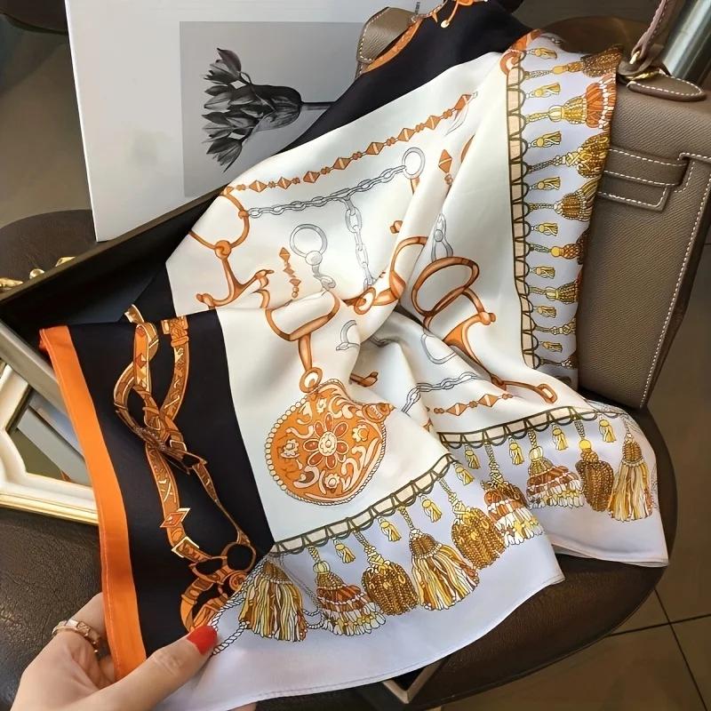 New Chain Tassel Print Square Scarf Luxury Brand Thin Breathable Neck Scarf Boho Style Sunscreen Headscarf For Women