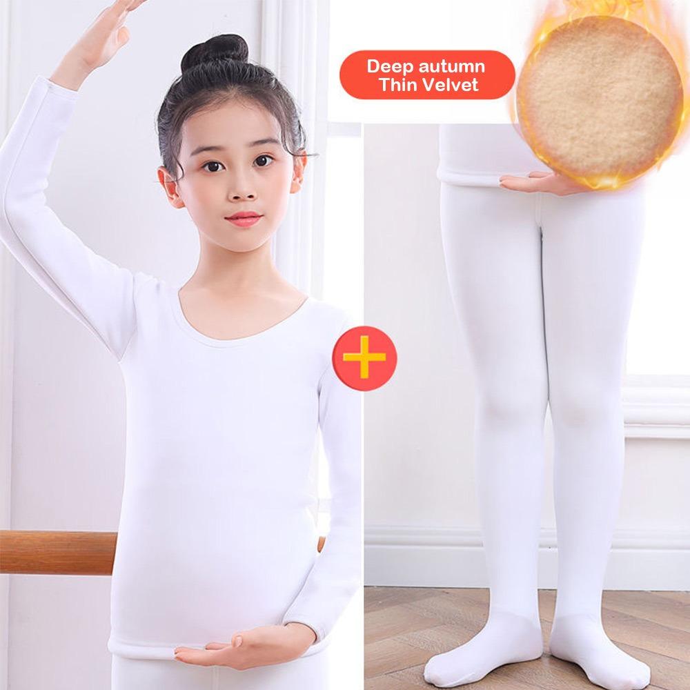 Fashion Winter Kids Thermal Underwear Suits Nude Color Fleece Ballet Underwear Set Warm Stretch Leotard