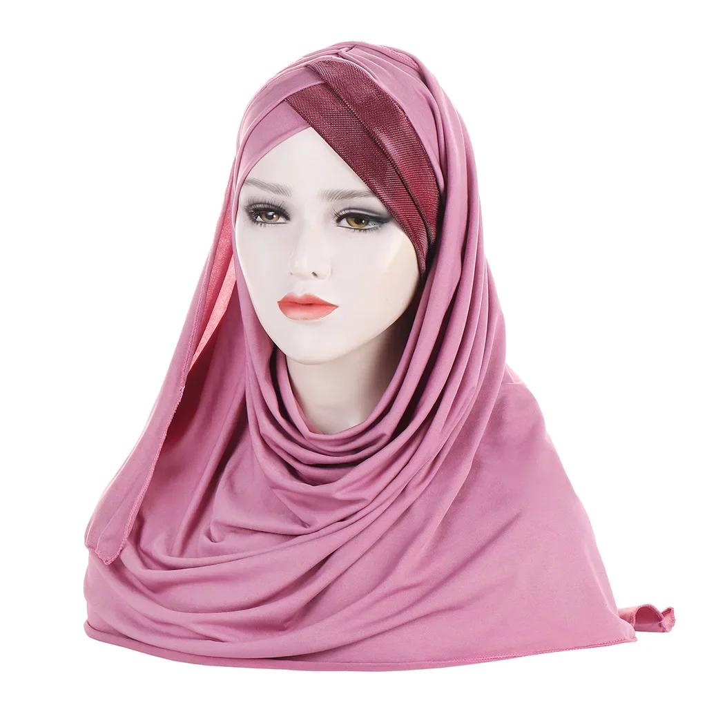Sofort-Hijab Jersey-Hijabs Für Frauen Kreuz Stirn Pailletten-Turban Muslimische Frauen Hijab-Schal Türkischer Baumwoll-Hijab Für Frauen