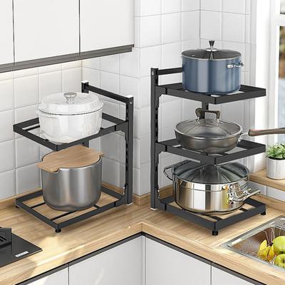 Kitchen Storage Shelf Pot Organizer with Guardrail Strong Load-bearing Rustproof Corrosion Resistant Pot Stand Multi-layer Shelf