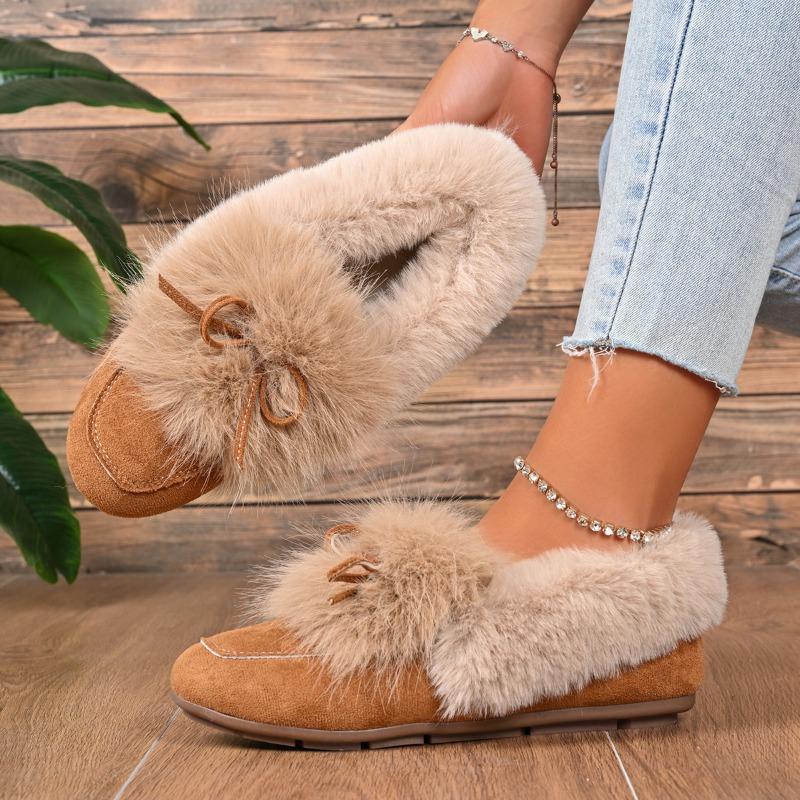 Dámské zimní boty v korejském stylu, vintage, chlupaté - kulatá špička, mašlička, nazouvací, vícebarevné, s fleecovou podšívkou