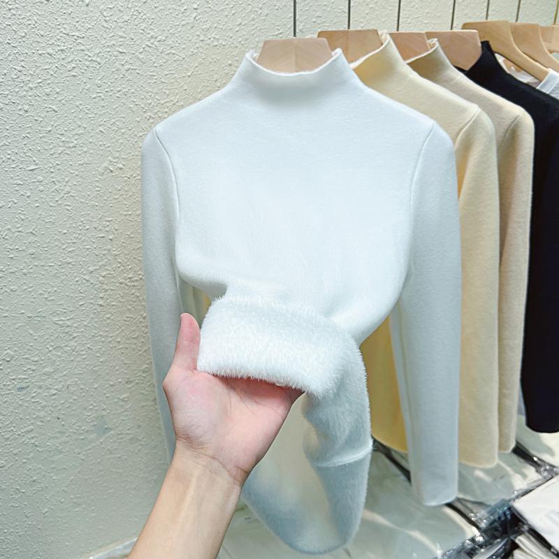 Fashion Half High Neck Warm Plush Knitted Sweater for Women Autumn and Winter Thick Velvet Base Women Knitwears Tops Elegant Slim Soft Sweaters 25207