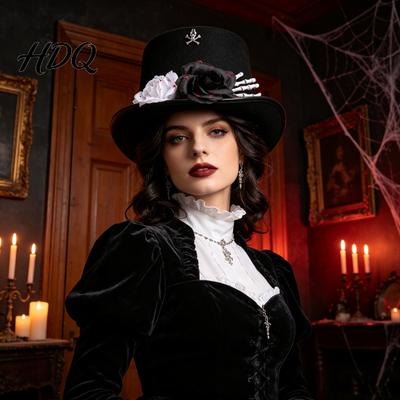 Cosplay Photography Prop Adults Felt Top Hat for Men Women, Steampunk Halloween with Skeleton Gothic Skull Hand And Rose, Black Costume Cosplay,
