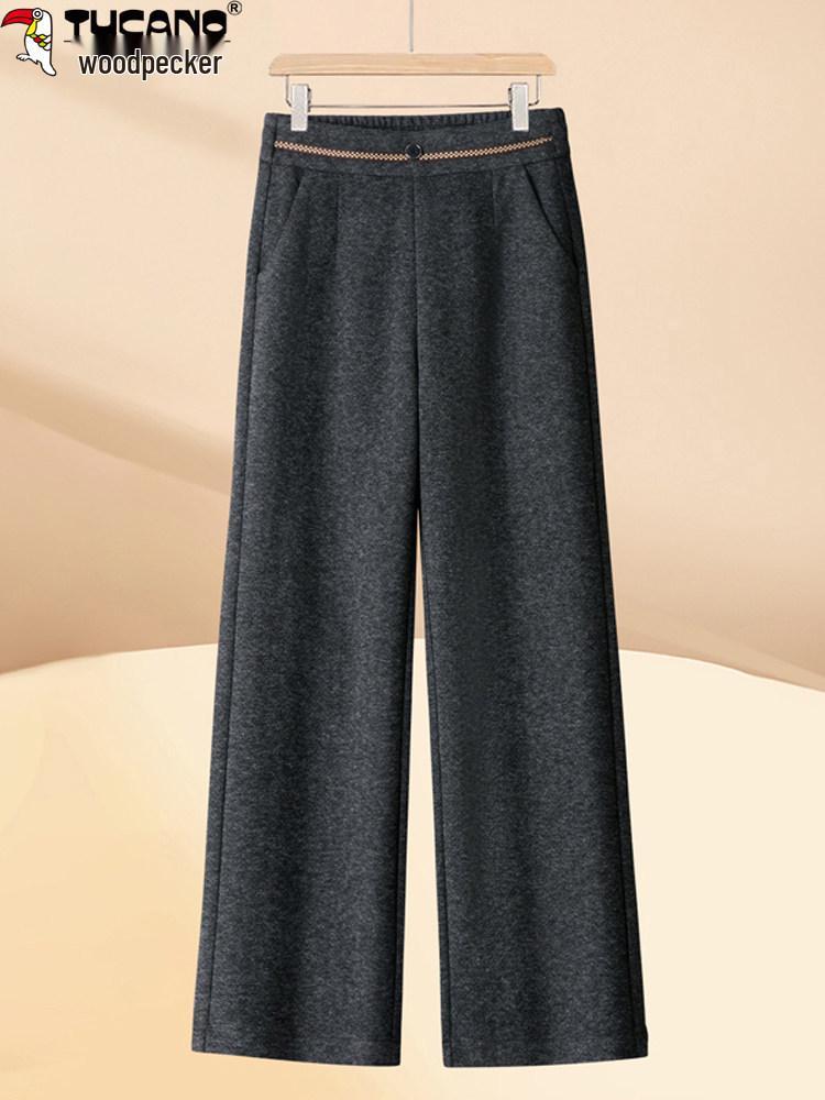 Woodpecker Women's High-End Woolen Wide-Leg Pants - Autumn/Winter Collection, High-Waist, Soft Straight-Leg, Casual Long Pants
