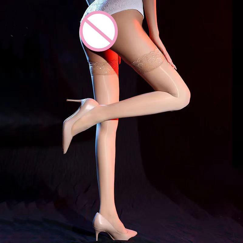 1Pc Sexy Horse Oil Shinny Silk Stockings Silicone Non-Slip Lace Thigh High Socks Summer Ultra Thin Hosiery Lingerie