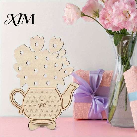 Hollow Base Decor Wooden Teapot Shape Flower Holder, Natural Wood Floral Display Stand, DIY Home Soft Furnishing Blank Vase for Artificial Arrangement