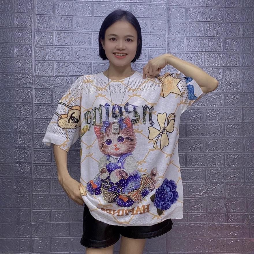 Women's Summer Cartoon Plus Size Two-Piece: Loose Knit Crew Neck Cutout Ice Silk Top & Hot Drilling Fashion Tee