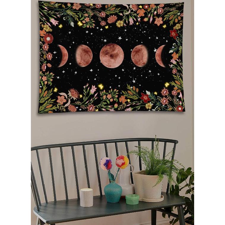 Rexful Moonlit Garden Tapestry, Moon Phase Surrounded by Plants and Flowers Black Wall Hanging Blanket 36×48 inch