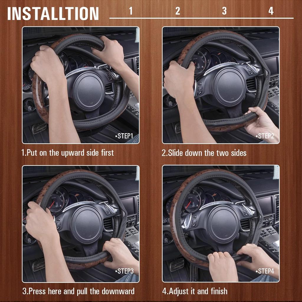 CAR PASS Wood Grain Microfiber Leather Steering Wheel Cover, Universal Fit For 14 1/2-15 Inch Black Steering Wheel, Anti-Skip Ve Design,Cars,