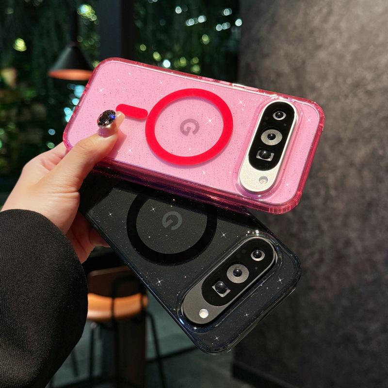 Glitter Clear Wireless Charge Magnetic Case For Google Pixel 9 Pro XL 8 Pro 8A TPU Soft Edge Shockproof Transparent PC Phone Cover