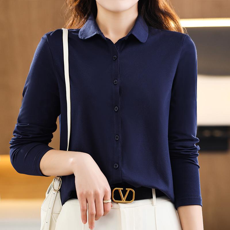 Polo Neck French Loose Cotton Shirt Versatile Long Sleeve Bottom Shirt Top