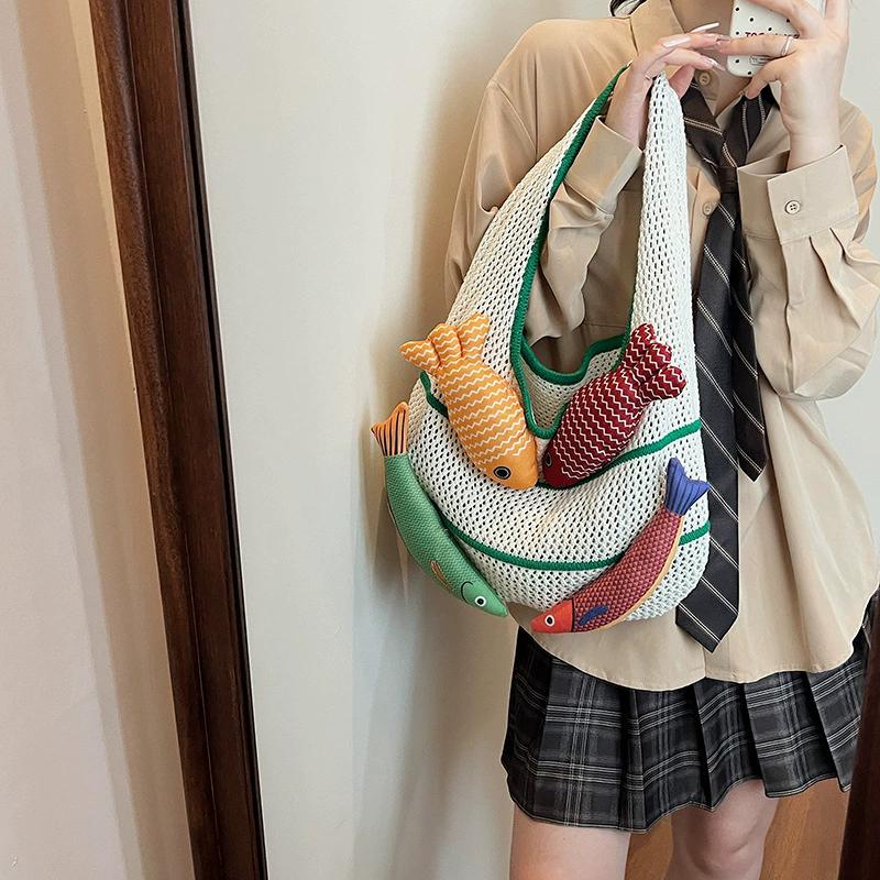 Fish Design Knitting Shoulder Bag Woven Hand Bag Beach Bag Holiday Travel Shopper Shopping Purse for Women