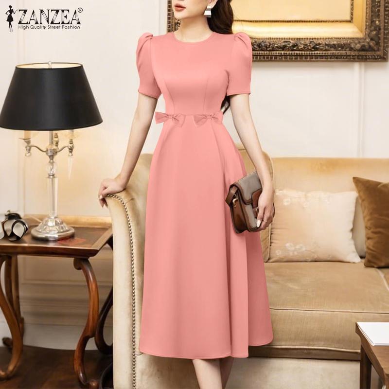 ZANZEA Women Casual Round Neck Solid Color Summer Short Sleeve Dress