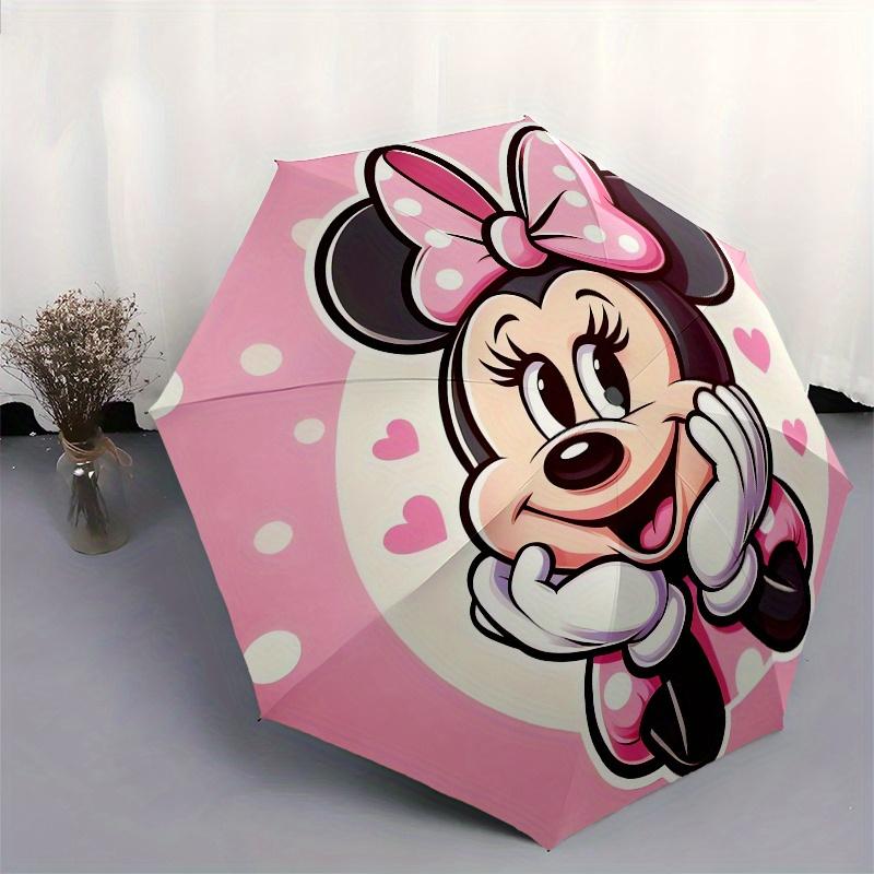 Minnie Mouse,Pink Polka Dots Automatic Folding Umbrella Simple 8 Rib Design, Bright Cartoon Pattern, Durable Iron Frame, Suitable For Trav