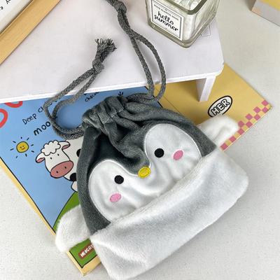 Cartoon Penguin Plush Drawstring Bundle Pocket Portable Plush Bag Large Capacity Handbag Casual Lightweight Travel Pouch