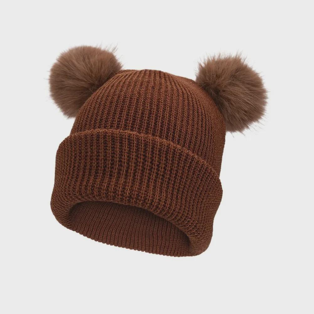 

Children s Wool Knit Hat with Double Pom-Poms - Solid Color Warm Autumn/Winter Pullover Hat